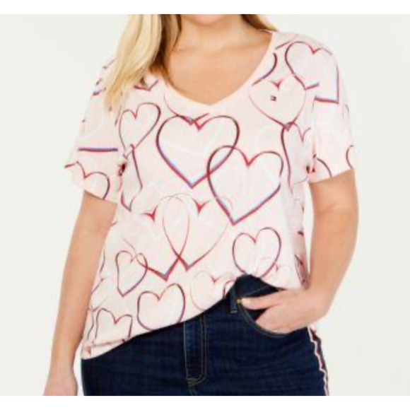 Tommy Hilfiger V-Neck Cotton T-‎ Shirt Pink Hearts Print , Size 1X - Picture 1 of 5